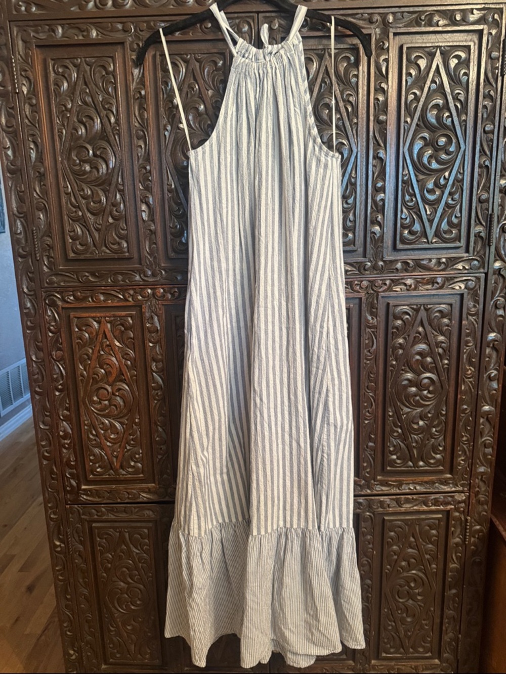 Gigio Striped Halter Maxi Dress in Light Blue and White